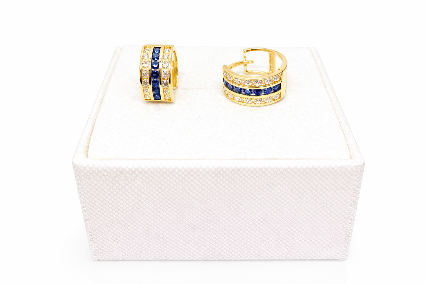 1089-NEW 14K Triple Row Huggies Cz Blue & Clear Hoop Earrings (5x10mm) W.G