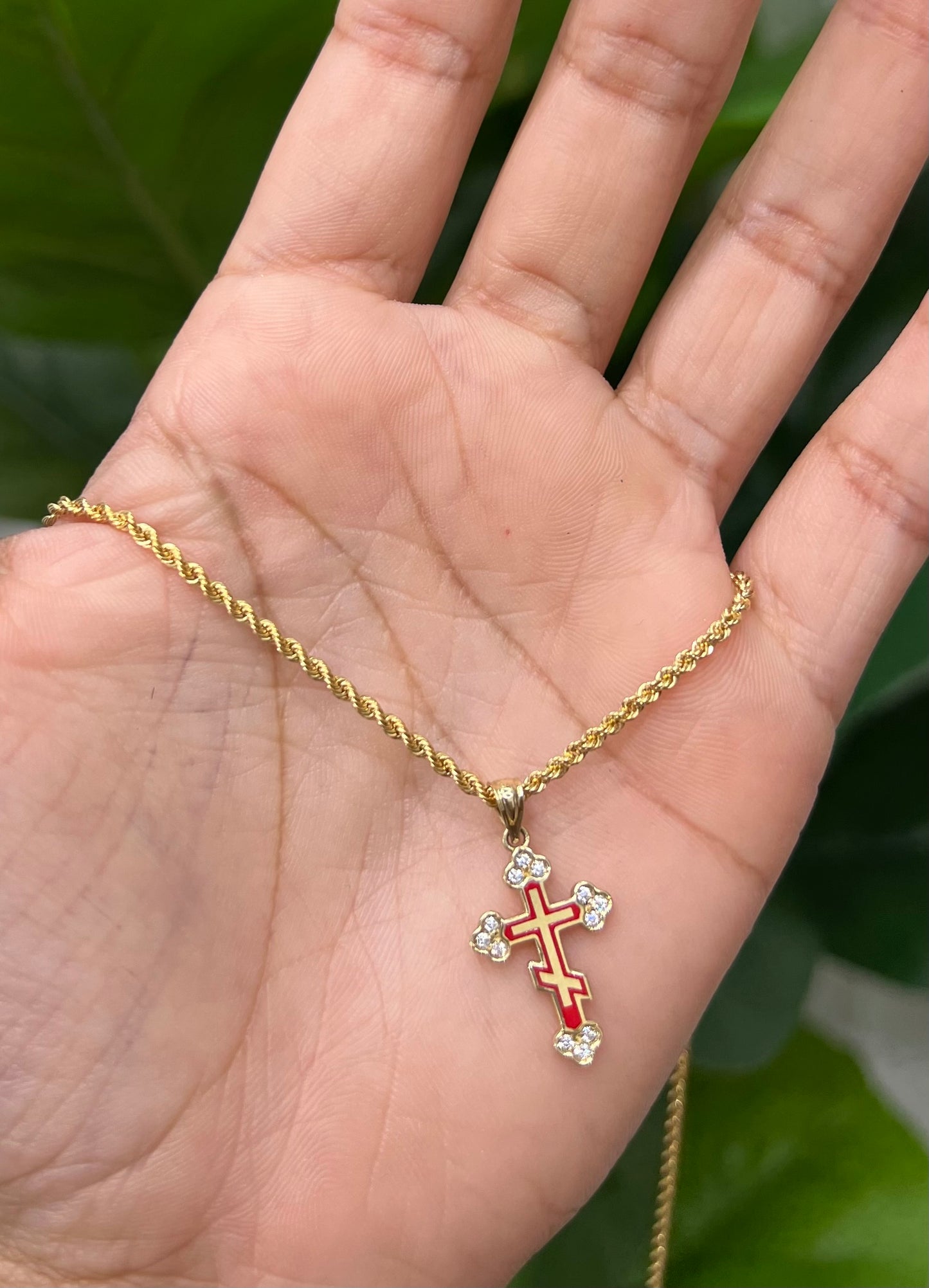 C10-NEW 14k Semi Solid Rope Chain 20” (2mm) and CZ Red Cross Pendant. W.G