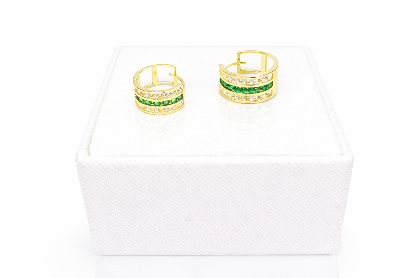 1090-NEW 14K Triple Row Huggies Cz Green & Clear Hoop Earrings (5x10mm) W.G