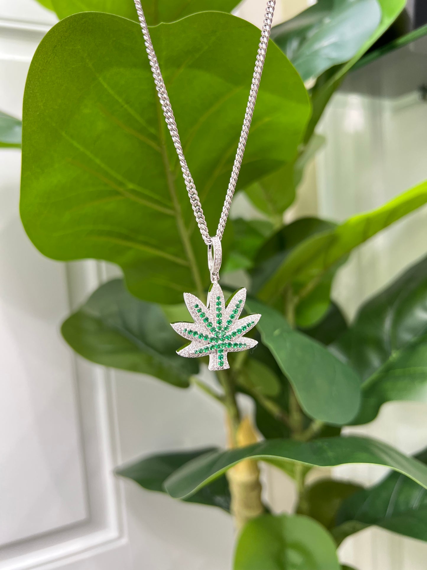 S414- NEW .925 Sterling Silver Cannabis Pendant W.G