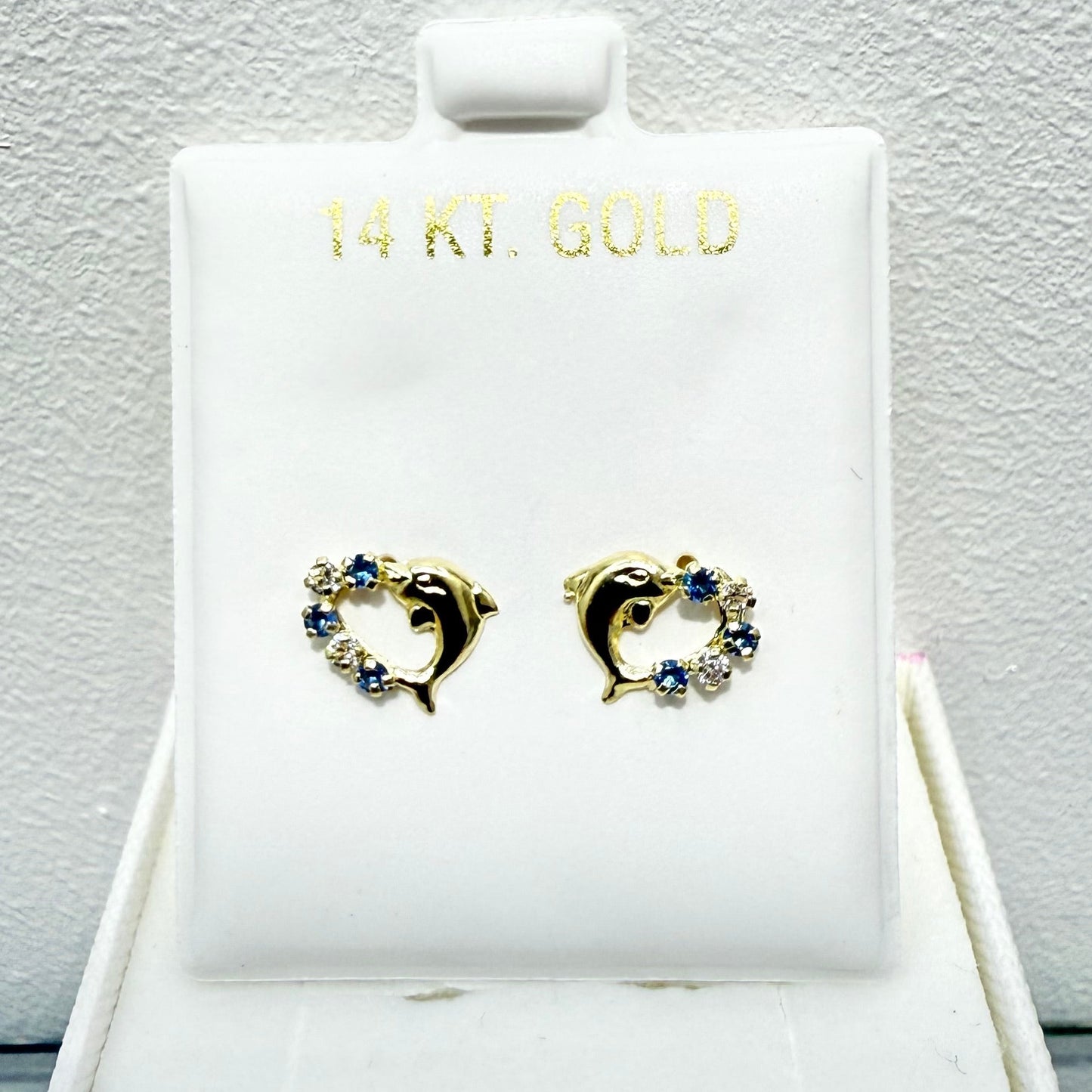 1067-NEW 14K Heart Shape Dolphin & Blue Cz Stone Stud Earrings W.G
