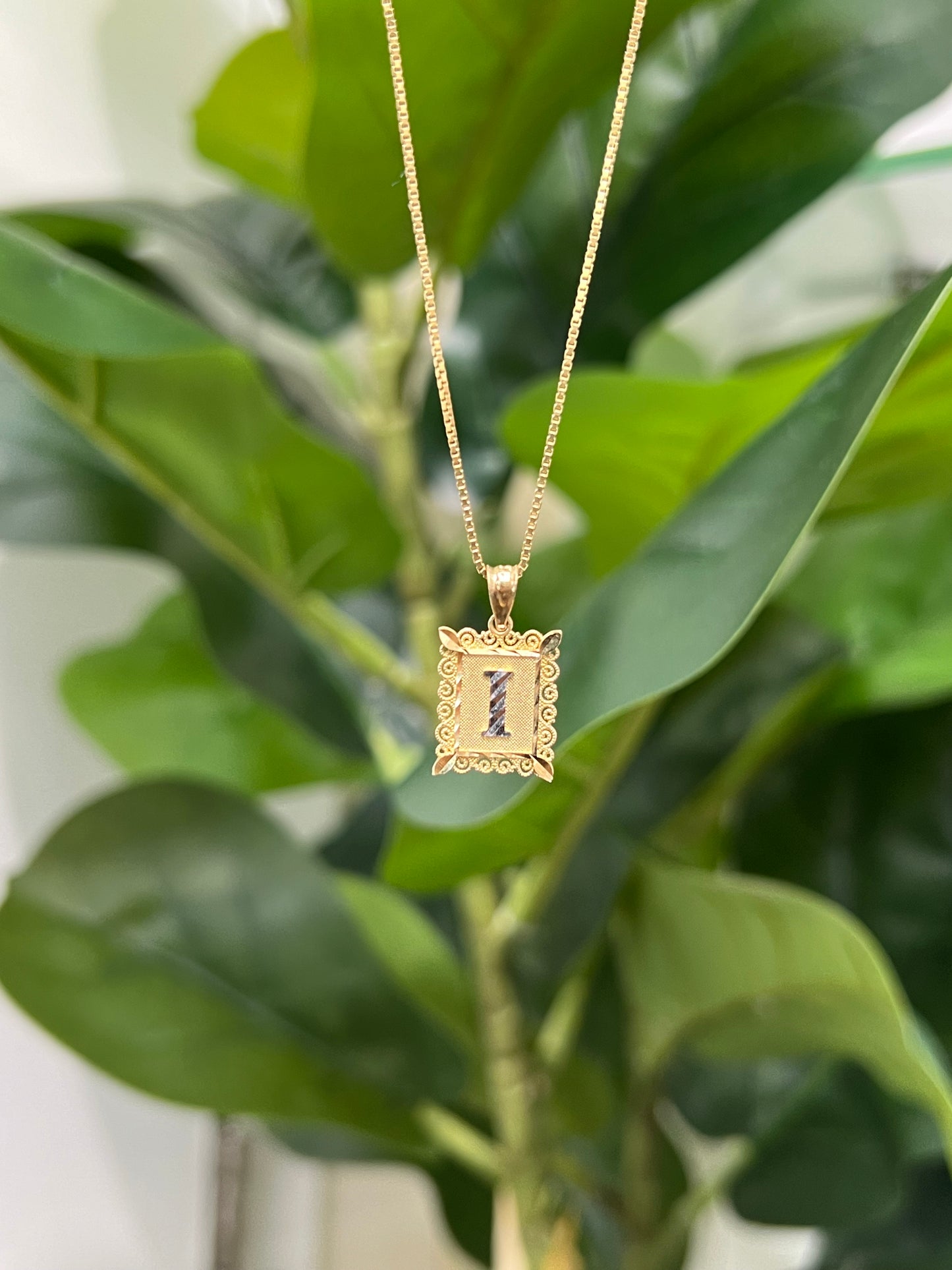 0074- NEW 14K Square Letter “I” Gold Square Pendant W.G