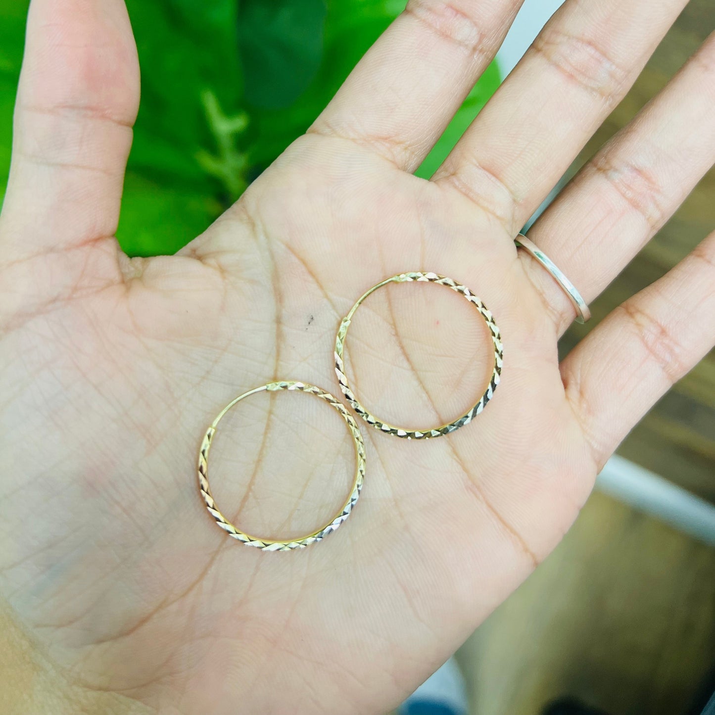 00152- NEW 14K Tri Color Gold Thin Hoops (W.G)