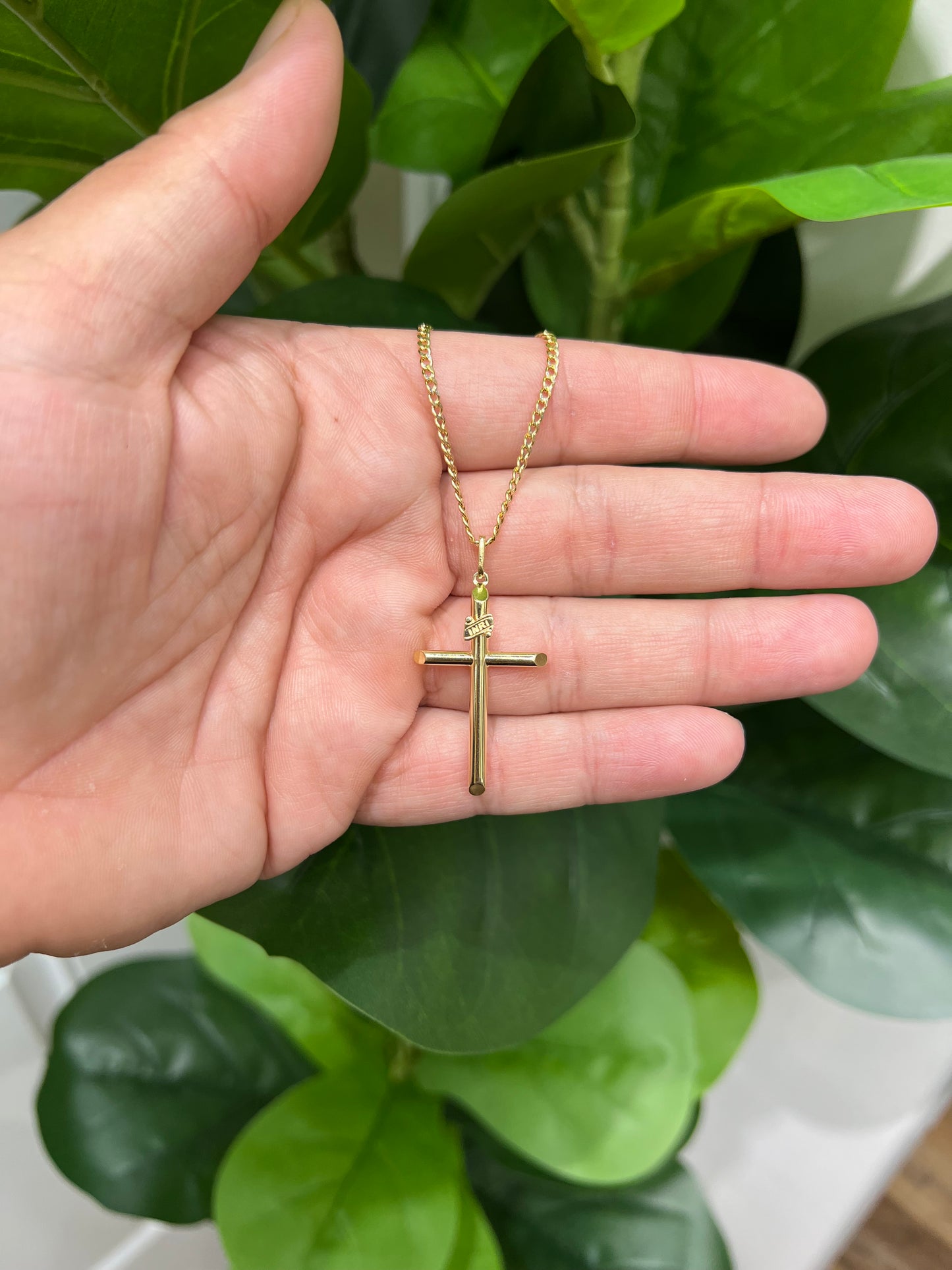 C53- NEW 10K Hollow Cuban Curb Chain Two Tone & Cross Pendant SET W.G