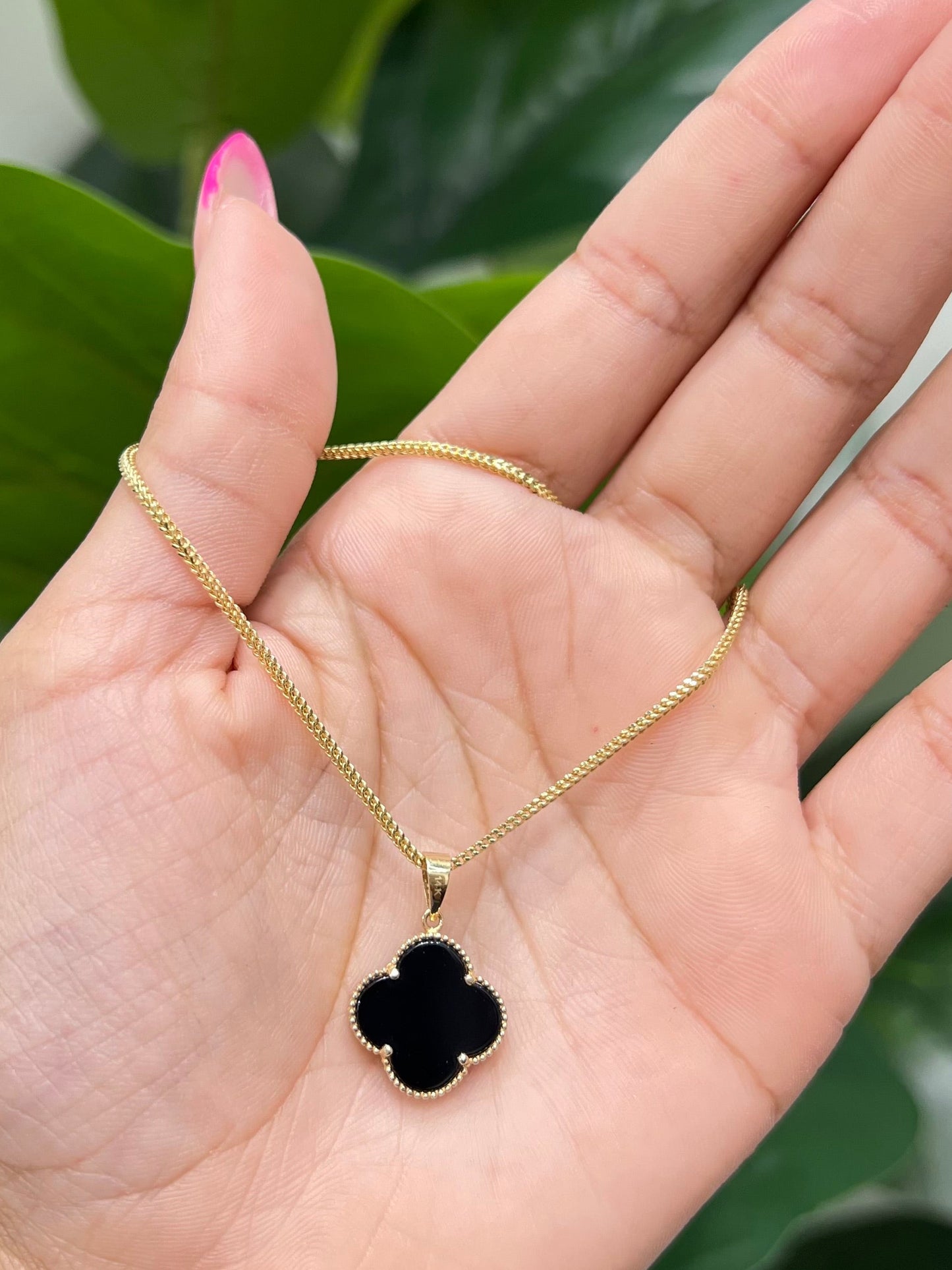C9- NEW 14k Franco Chain 20” (1.5mm) & Black Clover Pendant SET W.G