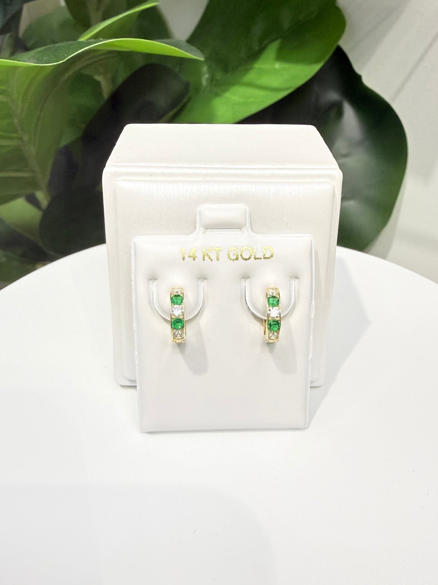 1133- NEW 14K Clear & Green Huggies Earrings (11.6mm) W.G