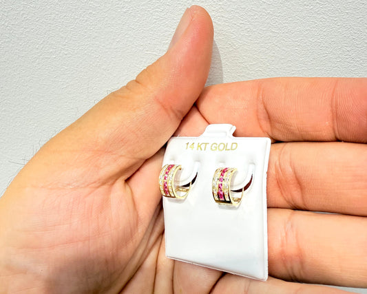 1088- NEW 14K Triple Row Huggies Cz Red & Clear Hoop Earrings (5x10mm)W.G