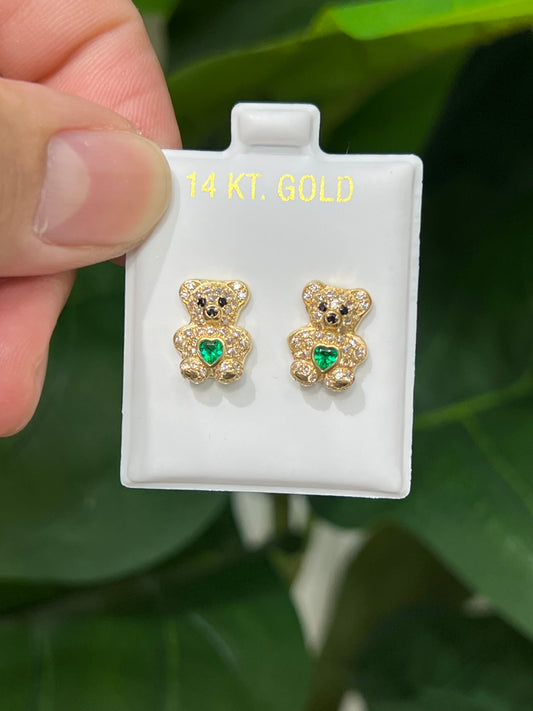 1204-NEW 14K Gold Teddy Bear Full Cz Green Cz Stone Earrings (10.5mm)W.G