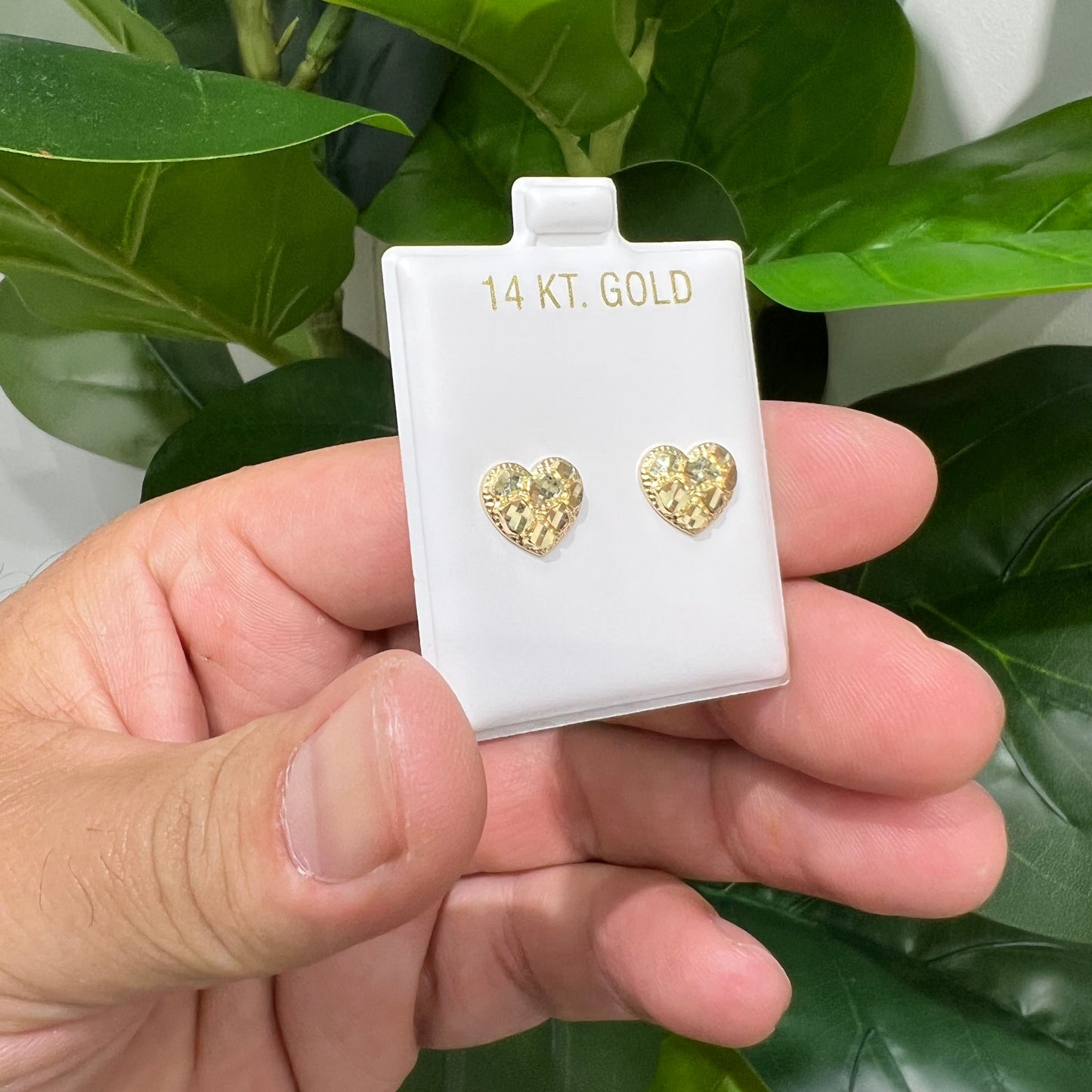 1200- NEW 14K Heart Shape Nuggets Stud Earrings (9.5mm) W.G