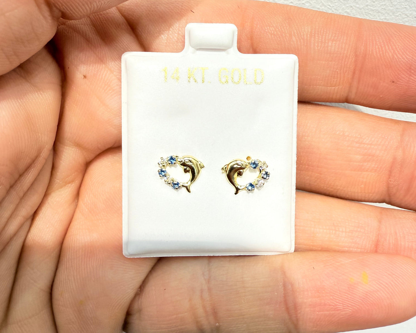 1067-NEW 14K Heart Shape Dolphin & Blue Cz Stone Stud Earrings W.G