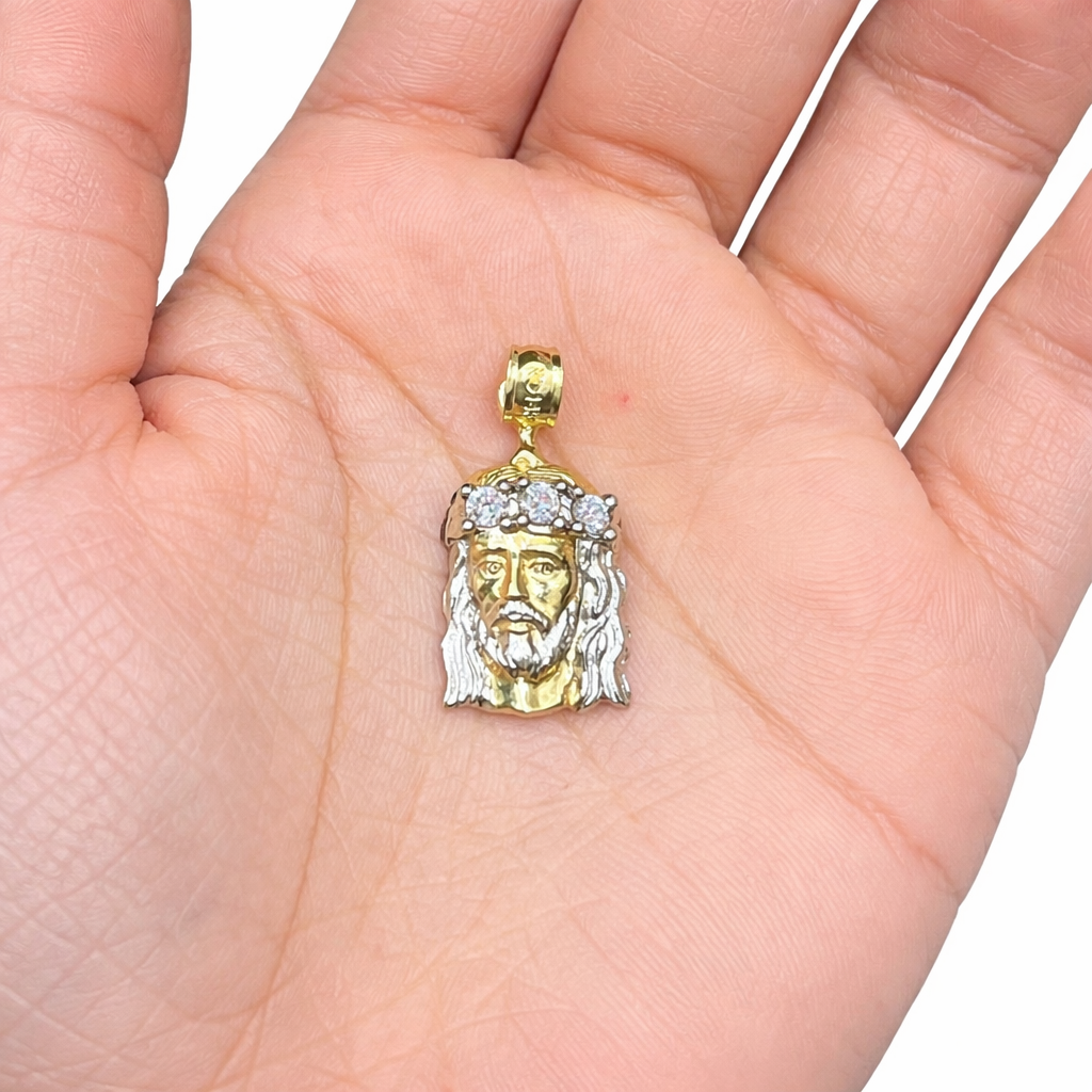 00193-NEW 14K Jesus Face Cz Crown Pendant (W.G)