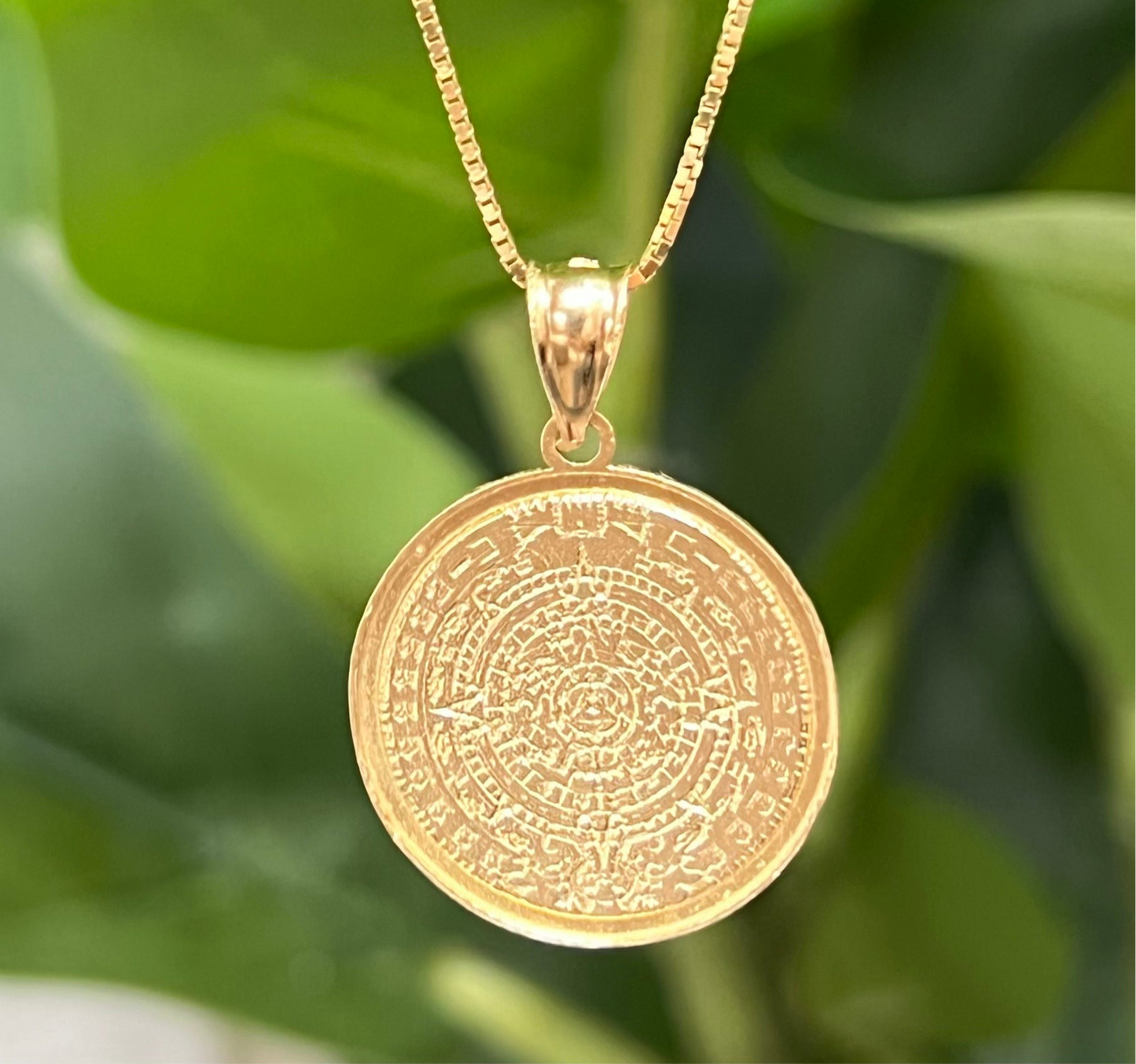 375- NEW 14K Solid Aztec Mayan Sun Calendar Azteca Pendant W.G