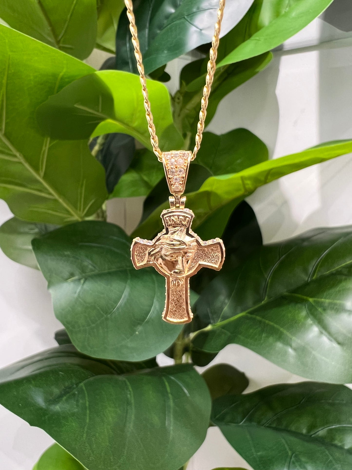 1295- NEW 14K Crucifix with Jesus face & Crown Pendant W.G