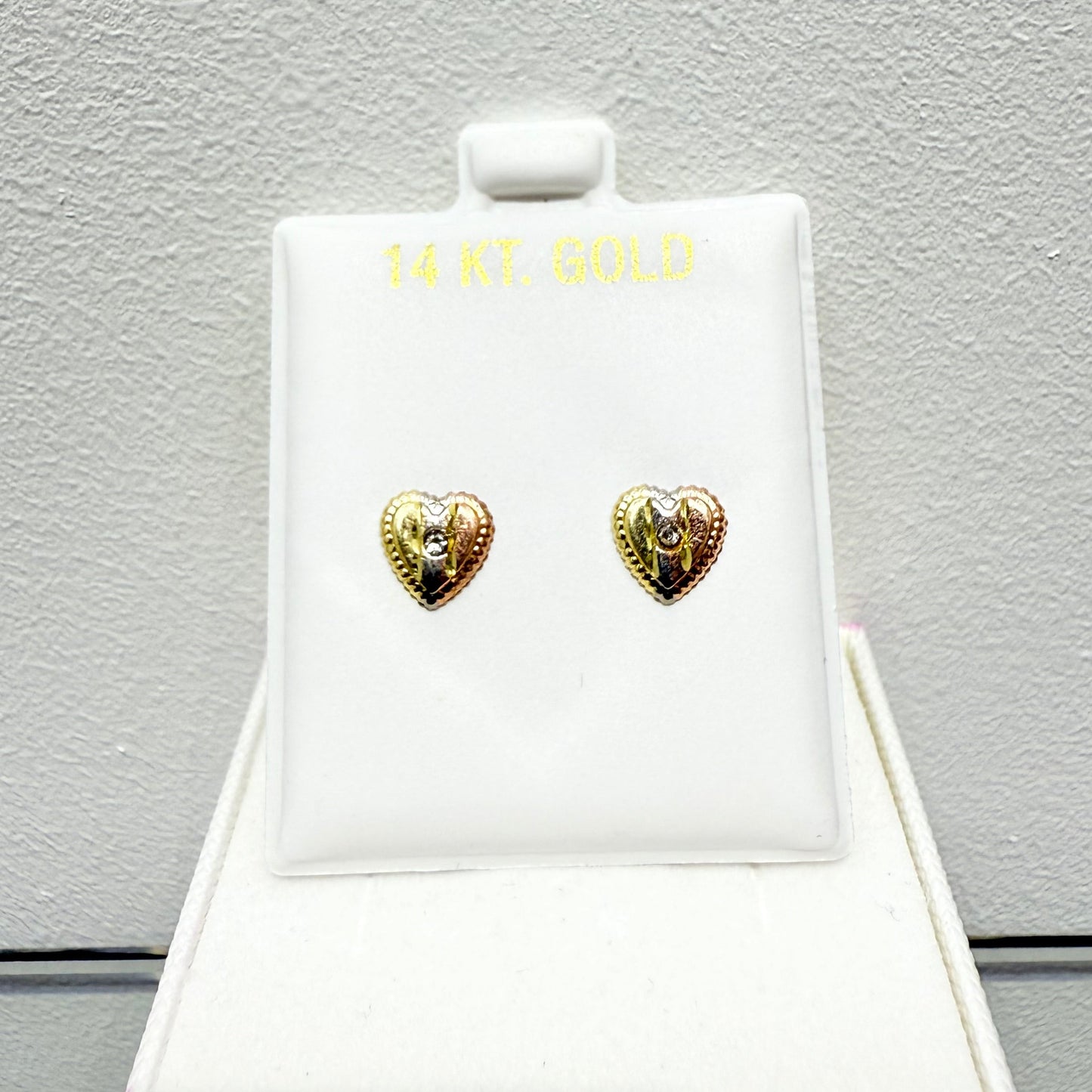 1064-NEW 14K One Face Tri tone Heart Shape Stud Earrings (7.5x7.9mm) (W.G)