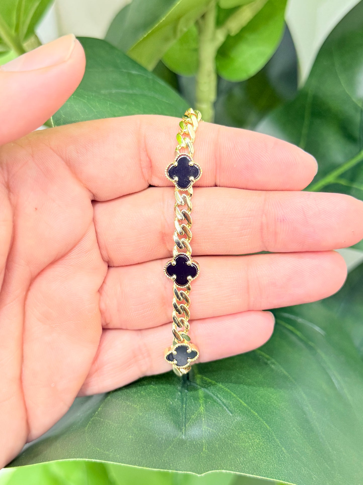 1159- NEW 14K Hollow Cuban Black Trebol Bracelet W.G