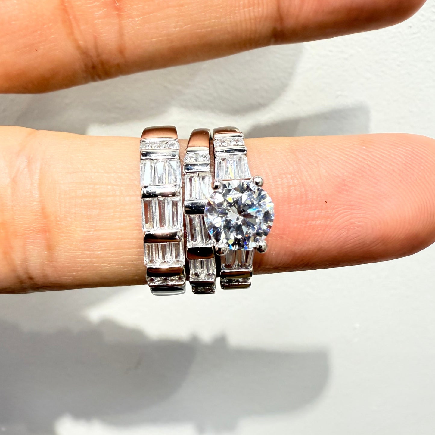 S1133- NEW .925 Sterling Silver Wedding Ring Set(3) W.G
