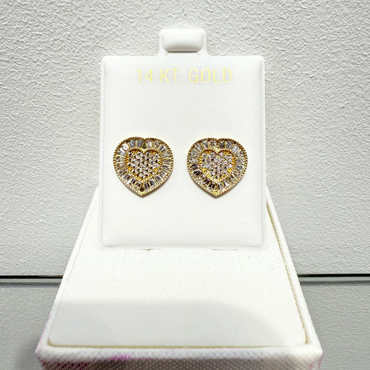 1058- 14K Full CZ Baguette Cut Around Heart Shape Stud Earrings W.G