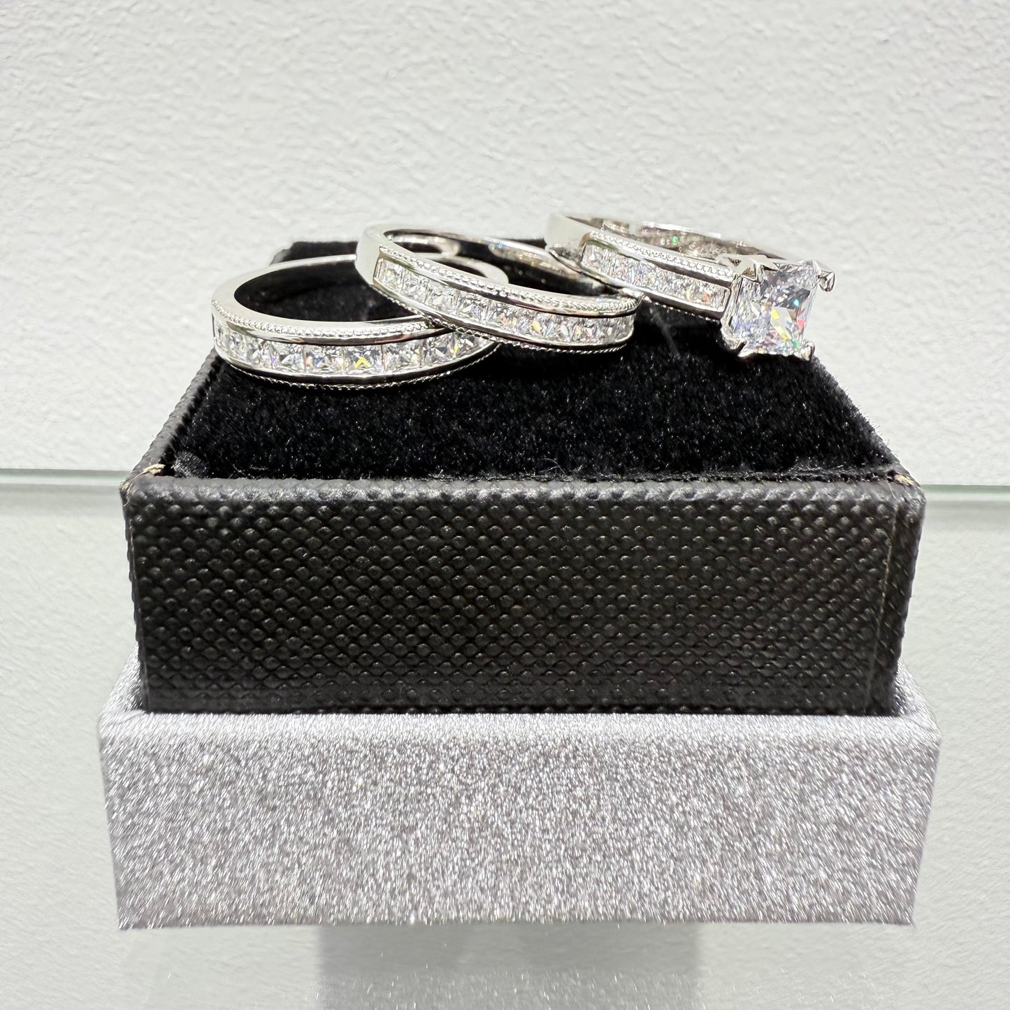 S1134- NEW .925 Sterling Silver Square Wedding Rings (3) Set W.G