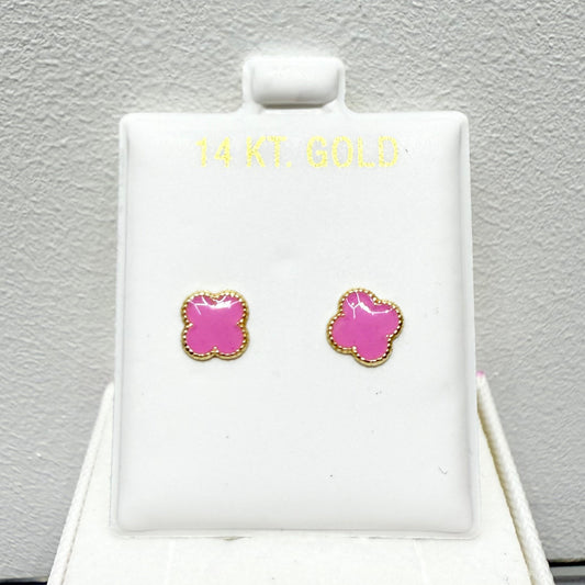 1076-NEW 14k Gold Trebol Pink Stud Earrings (7mm) W.G