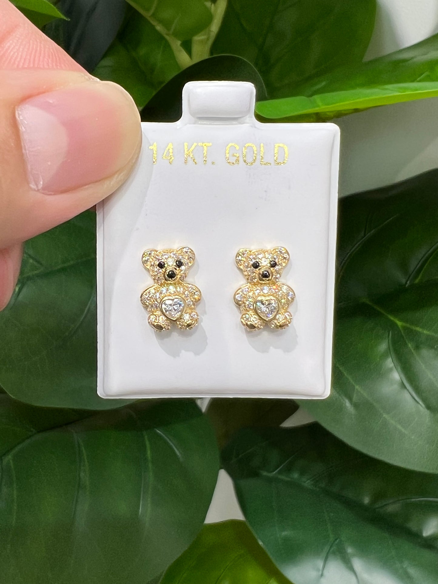 1202- NEW 14K Gold Teddy Bear Full Cz Stud Earrings w/ Clear Cz (9.6mm) W.G