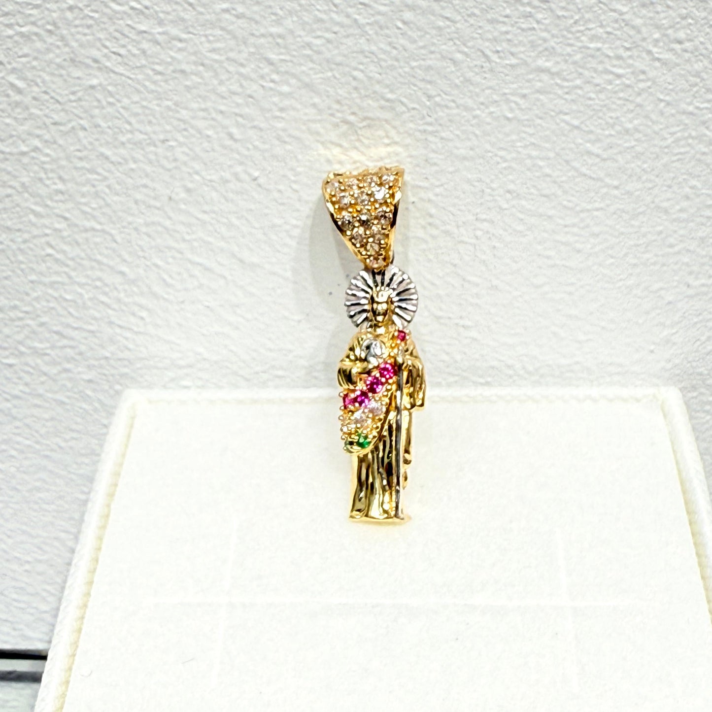 1145- NEW 14K St. Jude Red & Green Cz Stone Pendant W.G