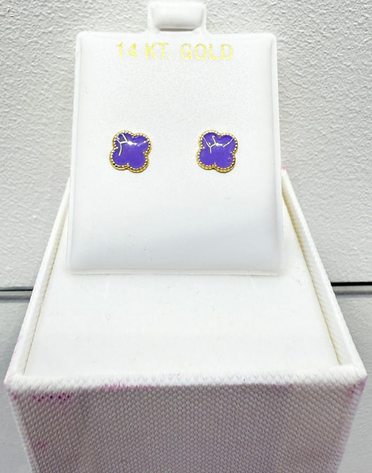 1075-NEW 14k Gold trebol purple Stud Earrings (7MM) W.G