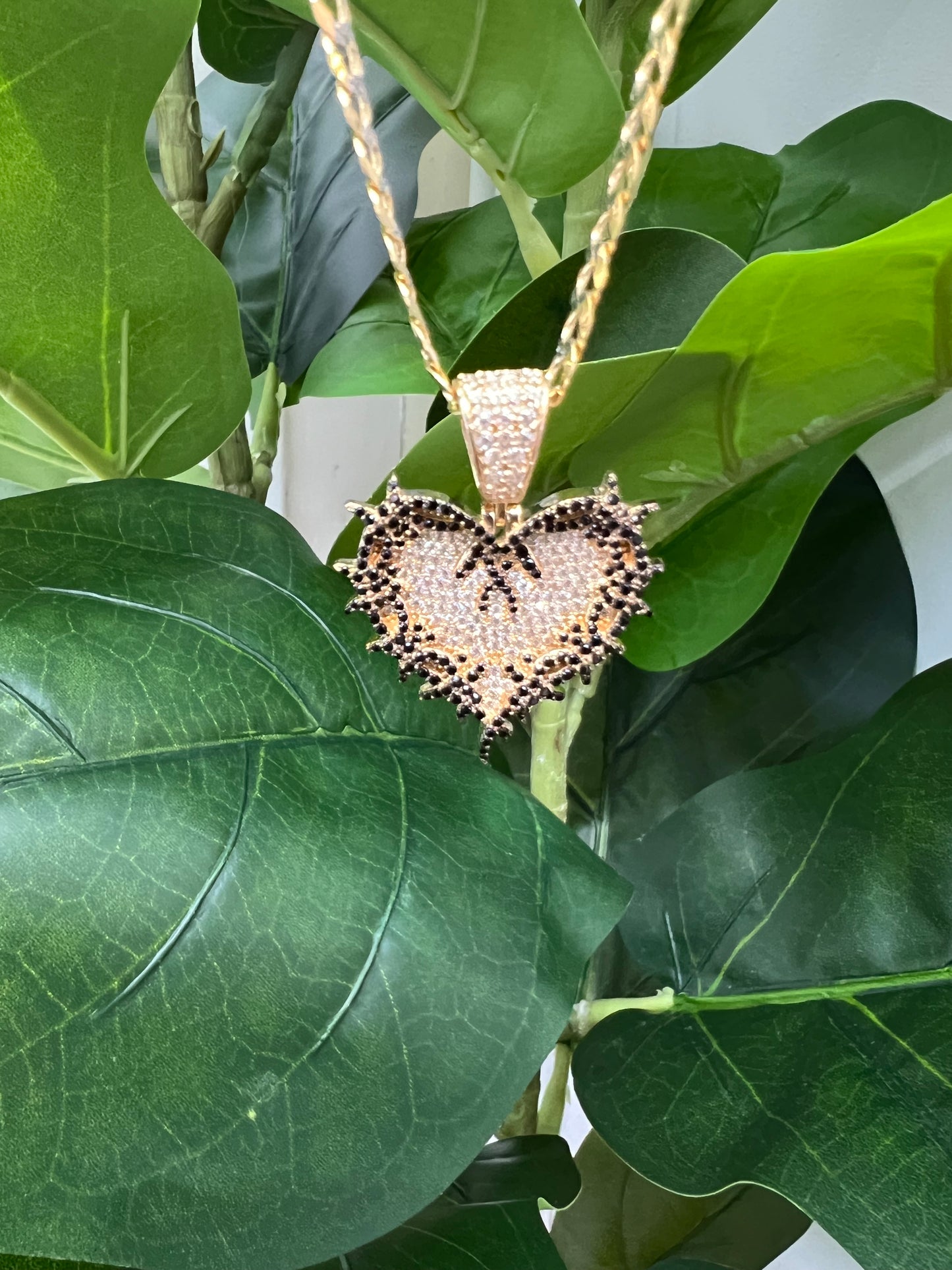 1216- NEW 14K Full Cz Thorn Heart Gold Pendant (Karol G) W.G
