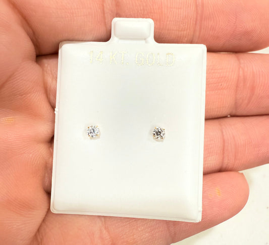 1081- NEW 14K Cubic Zirconia Stud Gold Earrings (3mm) W.G