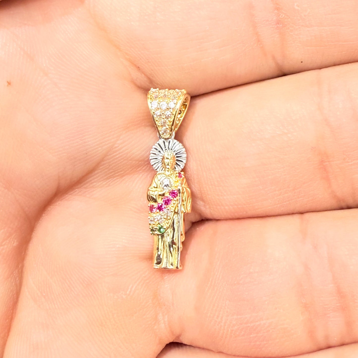 1145- NEW 14K St. Jude Red & Green Cz Stone Pendant W.G