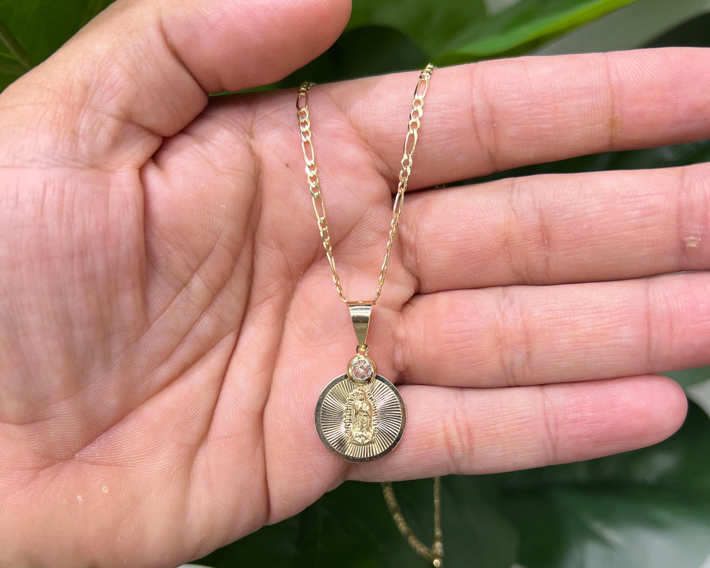 1257- NEW 14K Our Lady of Guadalupe Round Pendant W.G