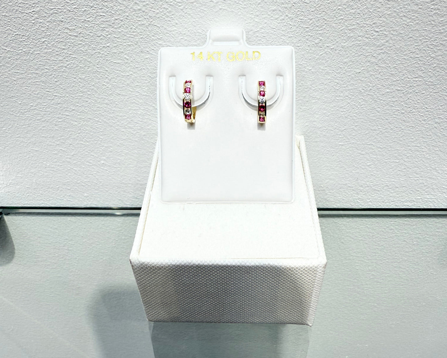 1094-NEW 14K Small Thin Huggies Ruby & Clear Hoop Earrings (2x12mm) W.G