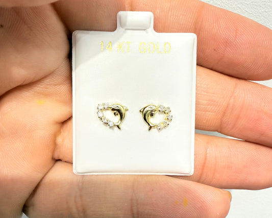 1068-NEW 14K Heart Shape Dolphin & Cz Stone Stud Earrings W.G