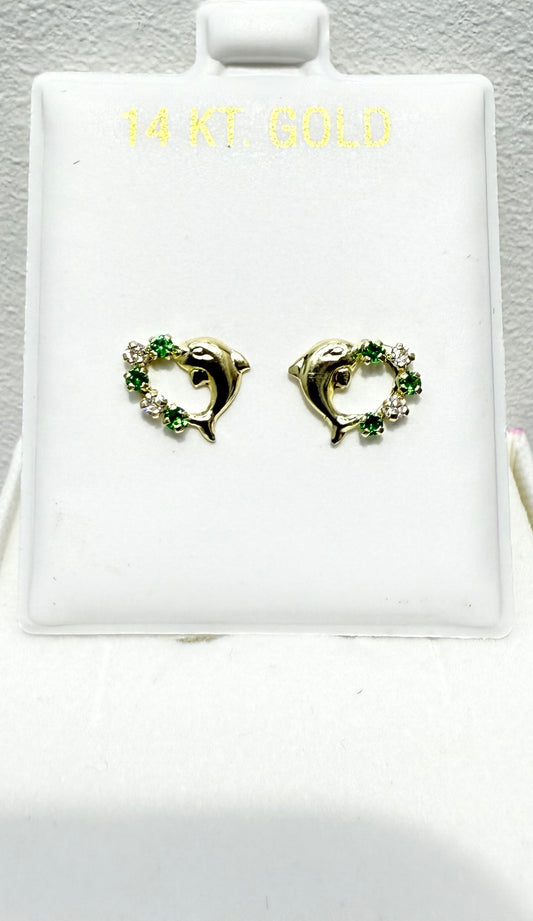 1066-NEW 14K Heart Shape Dolphin & Green Cz Stone Stud Earrings W.G