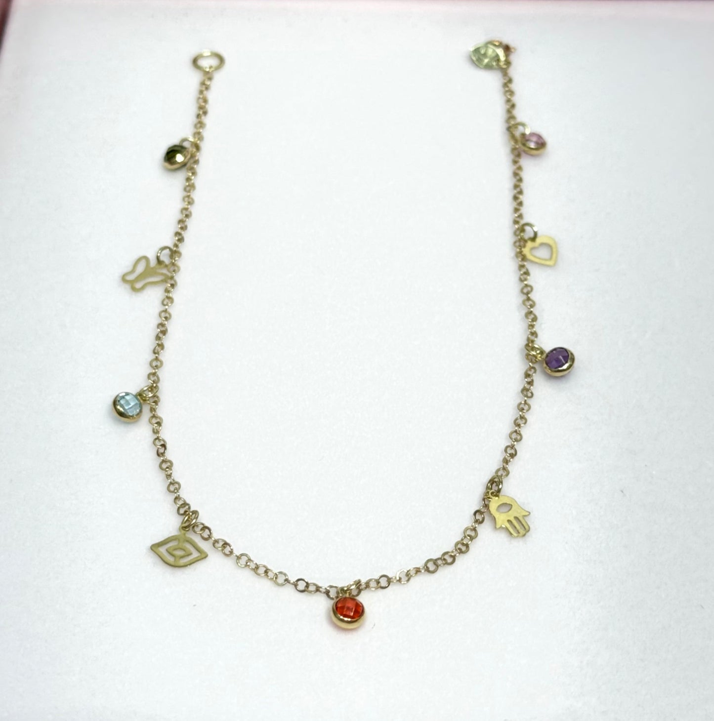 1157- NEW 14K Dangling Assorted Charms Anklet Bracelet W.G