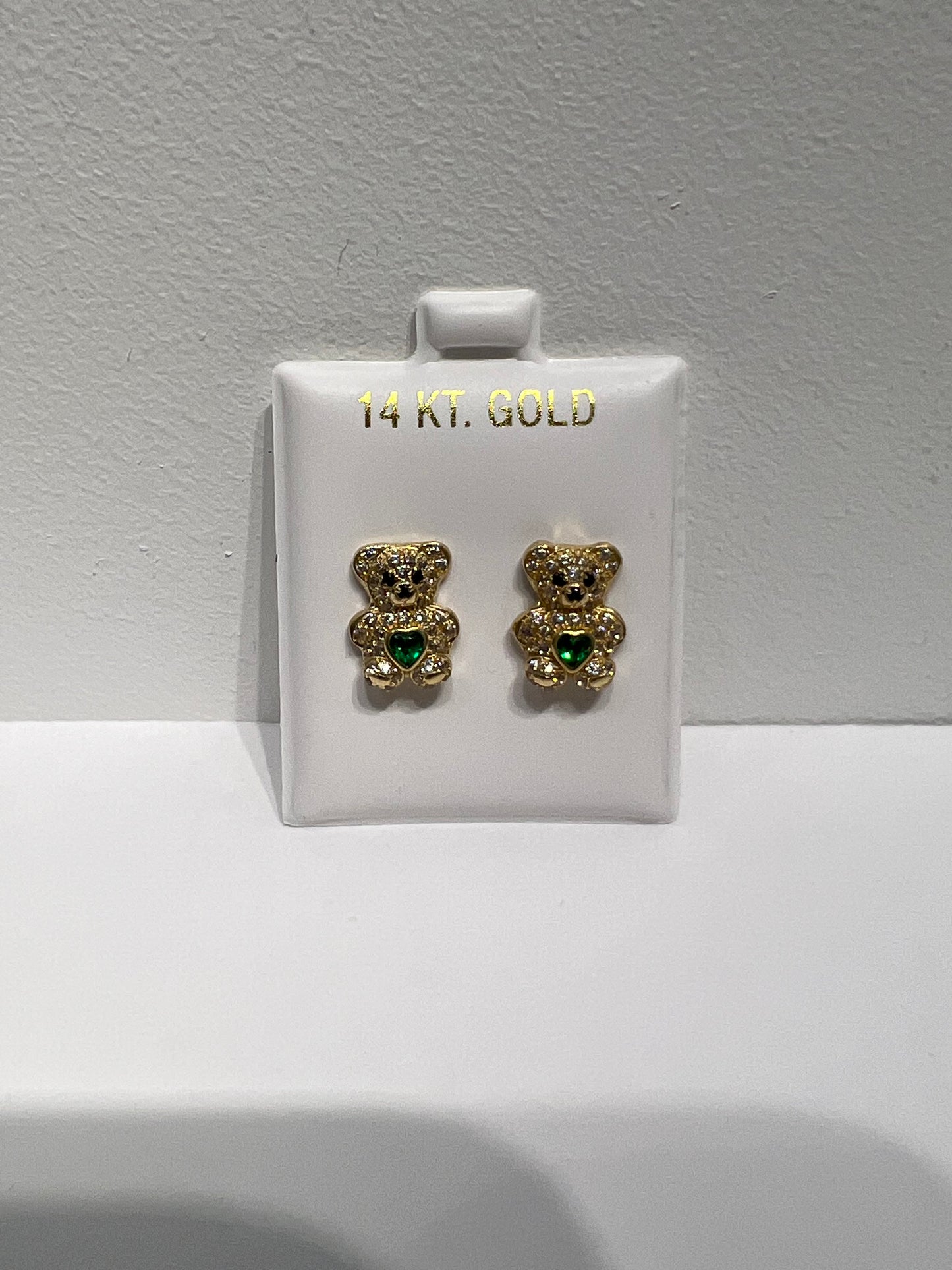 1204-NEW 14K Gold Teddy Bear Full Cz Green Cz Stone Earrings (10.5mm)W.G