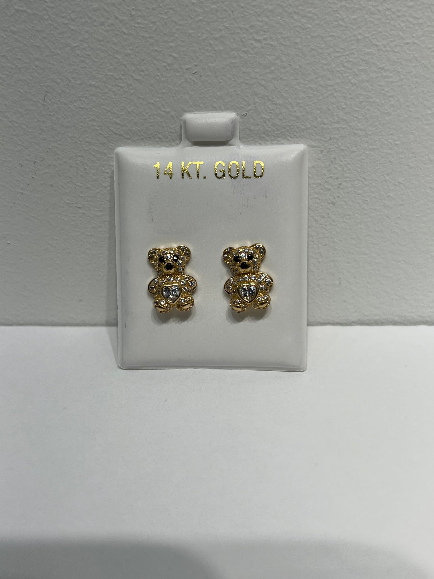 1202- NEW 14K Gold Teddy Bear Full Cz Stud Earrings w/ Clear Cz (9.6mm) W.G
