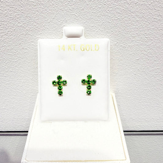 1047- NEW 14K Full Cz Green Cross Stud Earrings W.G