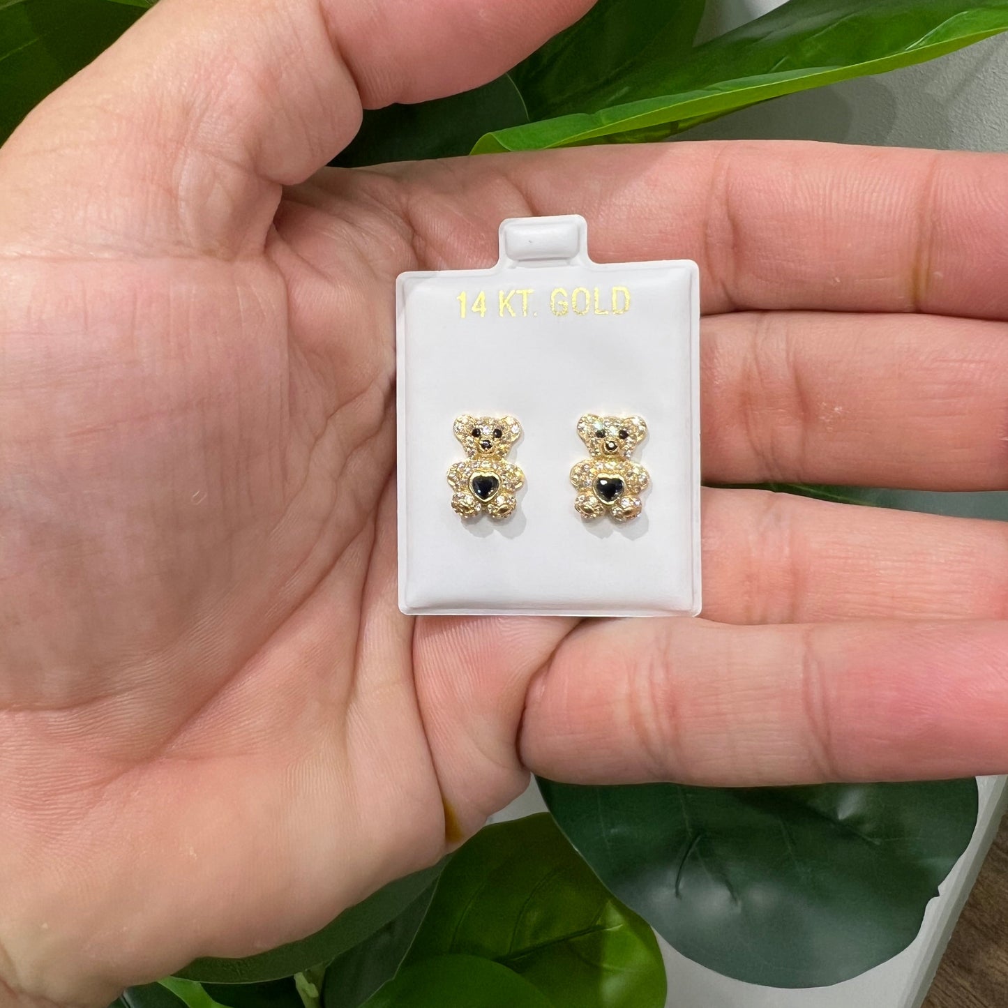 1203- NEW 14K Gold Teddy Bear Full Cz Navy Blue Cz Stone Earrings (9.8mm)W.G