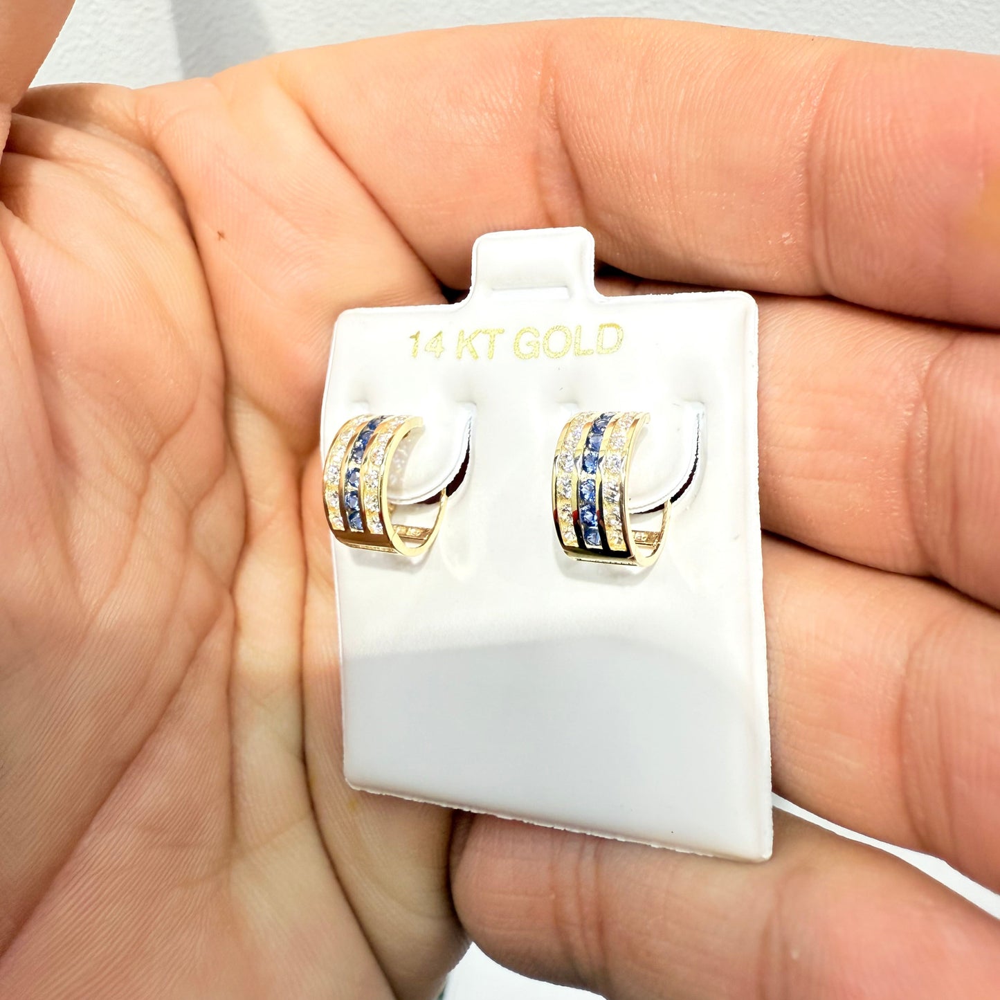 1089-NEW 14K Triple Row Huggies Cz Blue & Clear Hoop Earrings (5x10mm) W.G