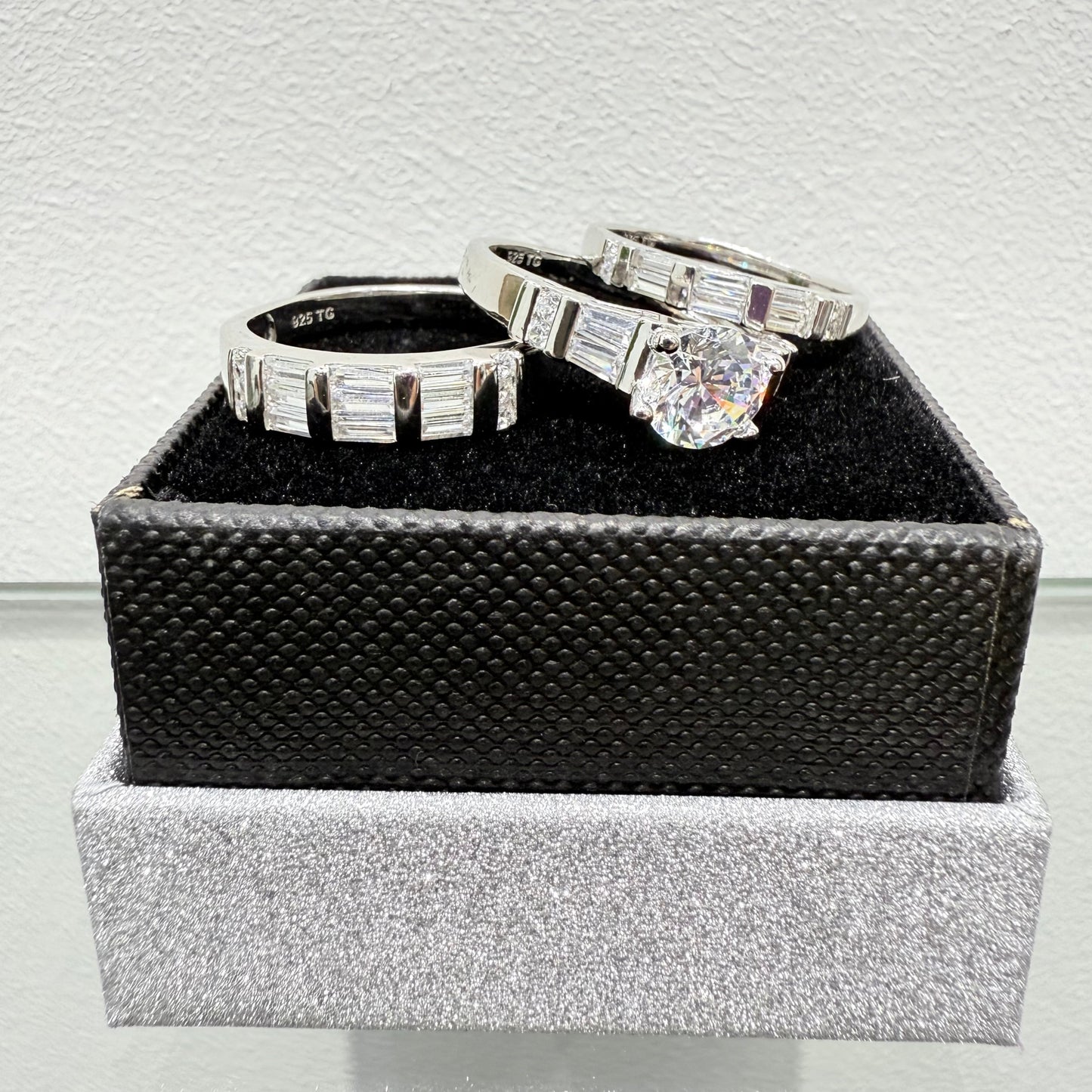 S1133- NEW .925 Sterling Silver Wedding Ring Set(3) W.G
