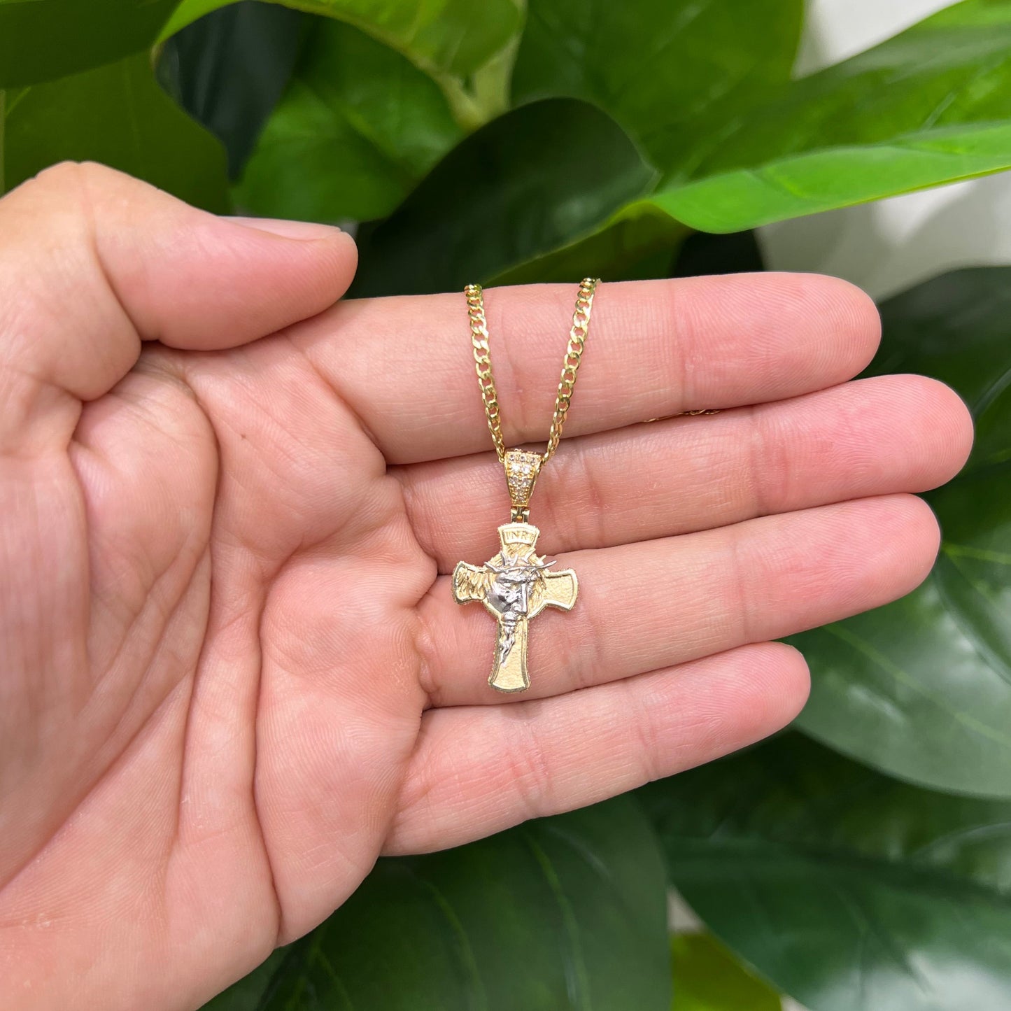 1294- NEW 14K Crucifix Two Tone Jesus Face & Crown W.G