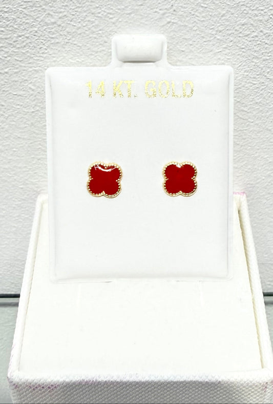 1073-NEW 14k Gold Trebol Red Stud Earrings W.G