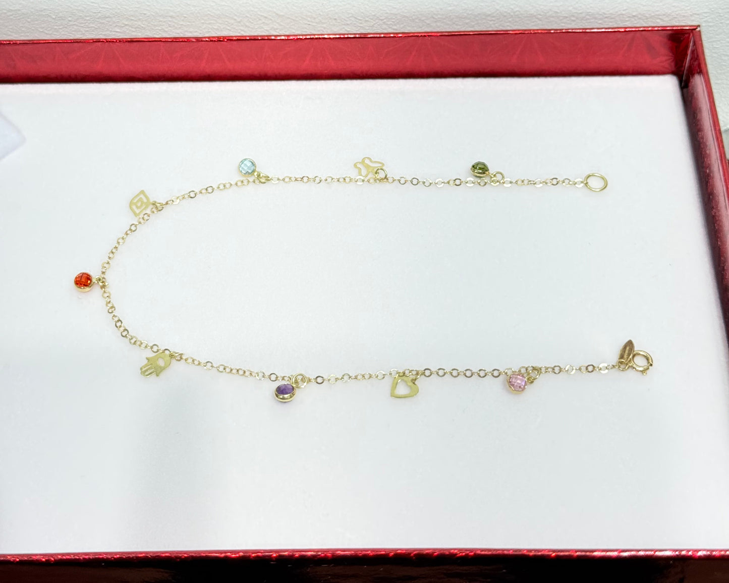 1157- NEW 14K Dangling Assorted Charms Anklet Bracelet W.G