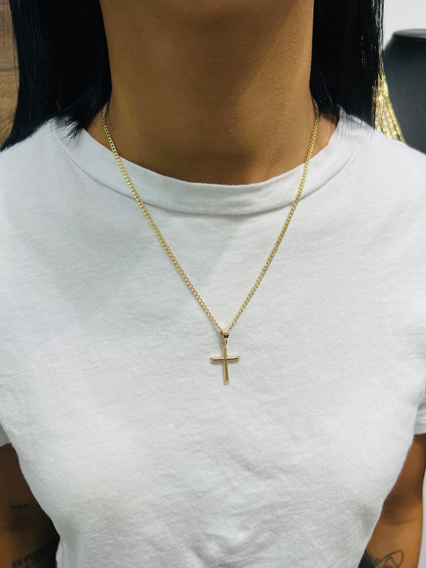 C34- 14K Hollow Cuban Chain & Cross Pendant Set W.G
