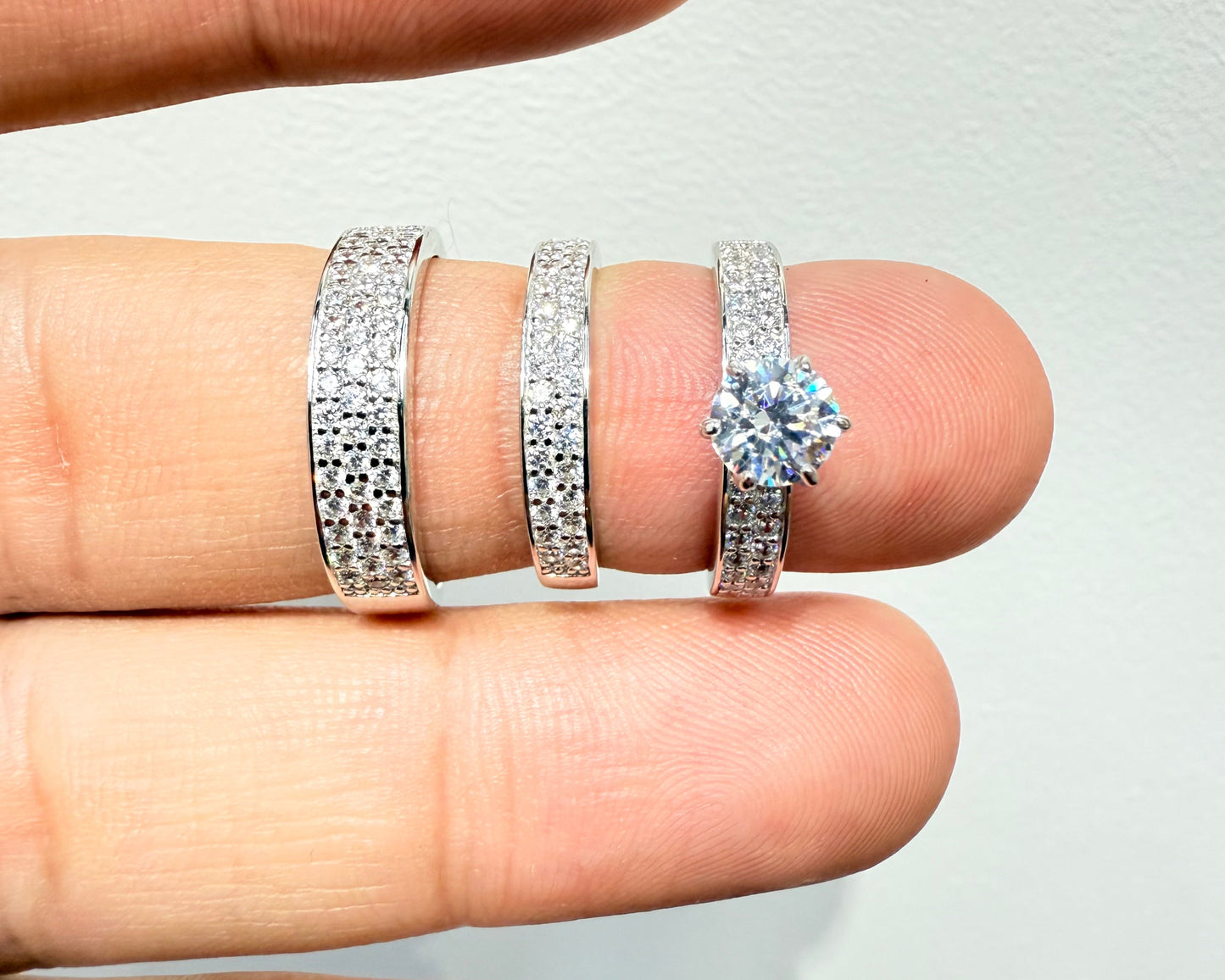 S1137- NEW .925 Sterling Silver Three Row Cz Stone Wedding Ring Set W.G
