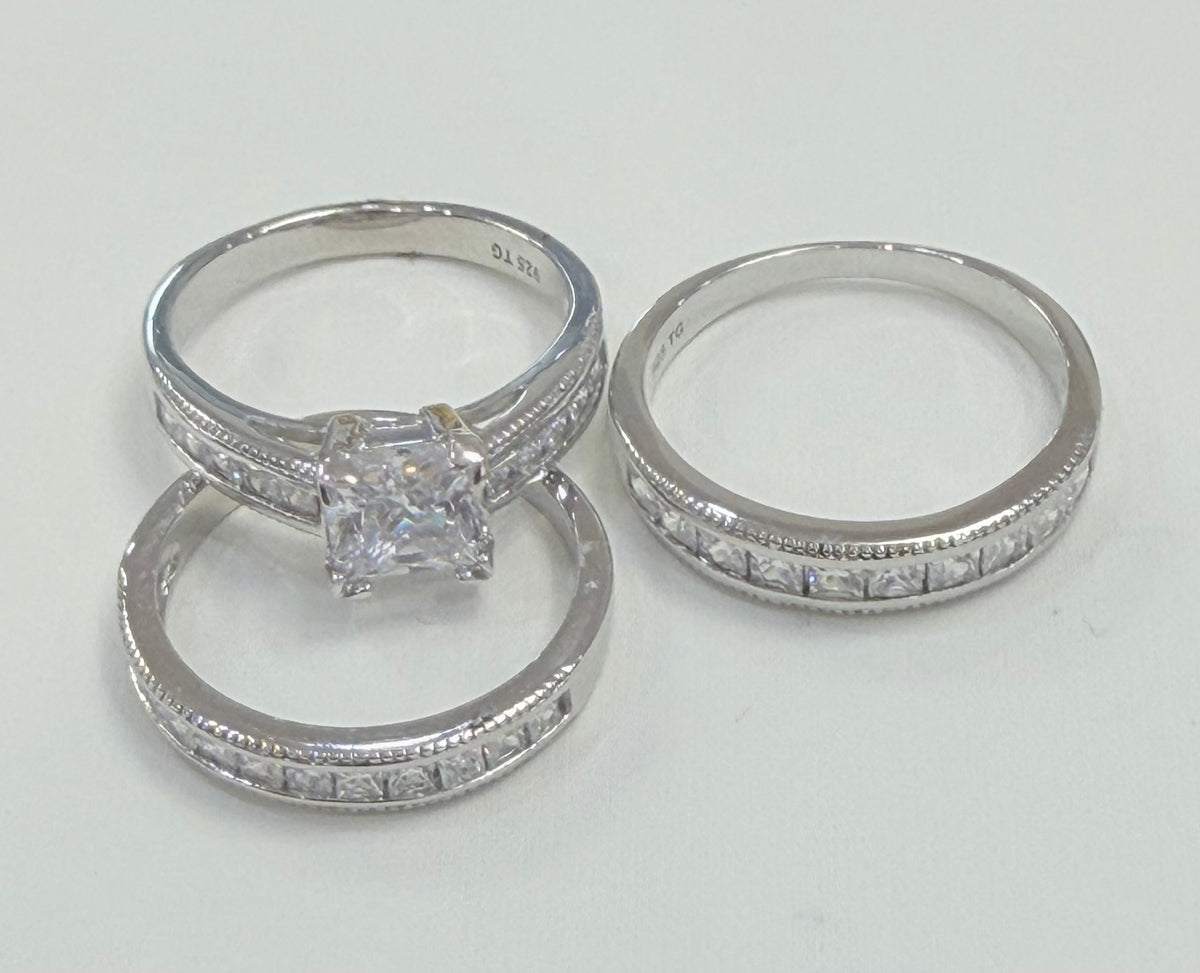 S1134- NEW .925 Sterling Silver Square Wedding Rings (3) Set W.G