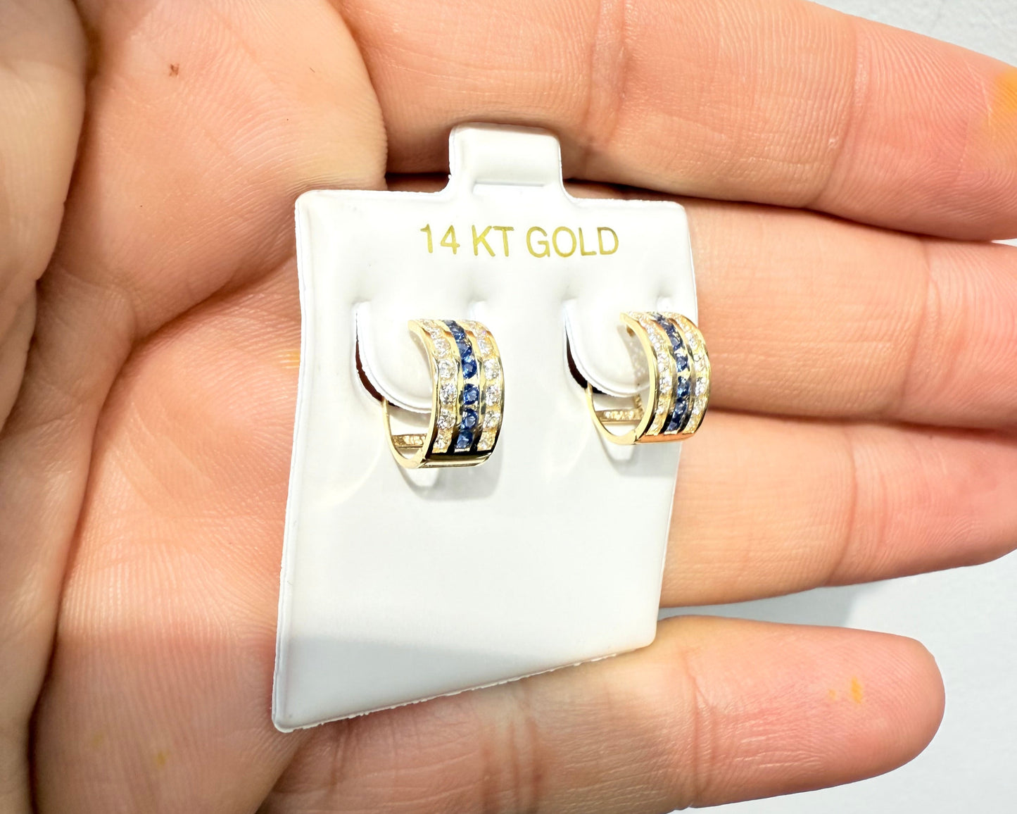 1089-NEW 14K Triple Row Huggies Cz Blue & Clear Hoop Earrings (5x10mm) W.G