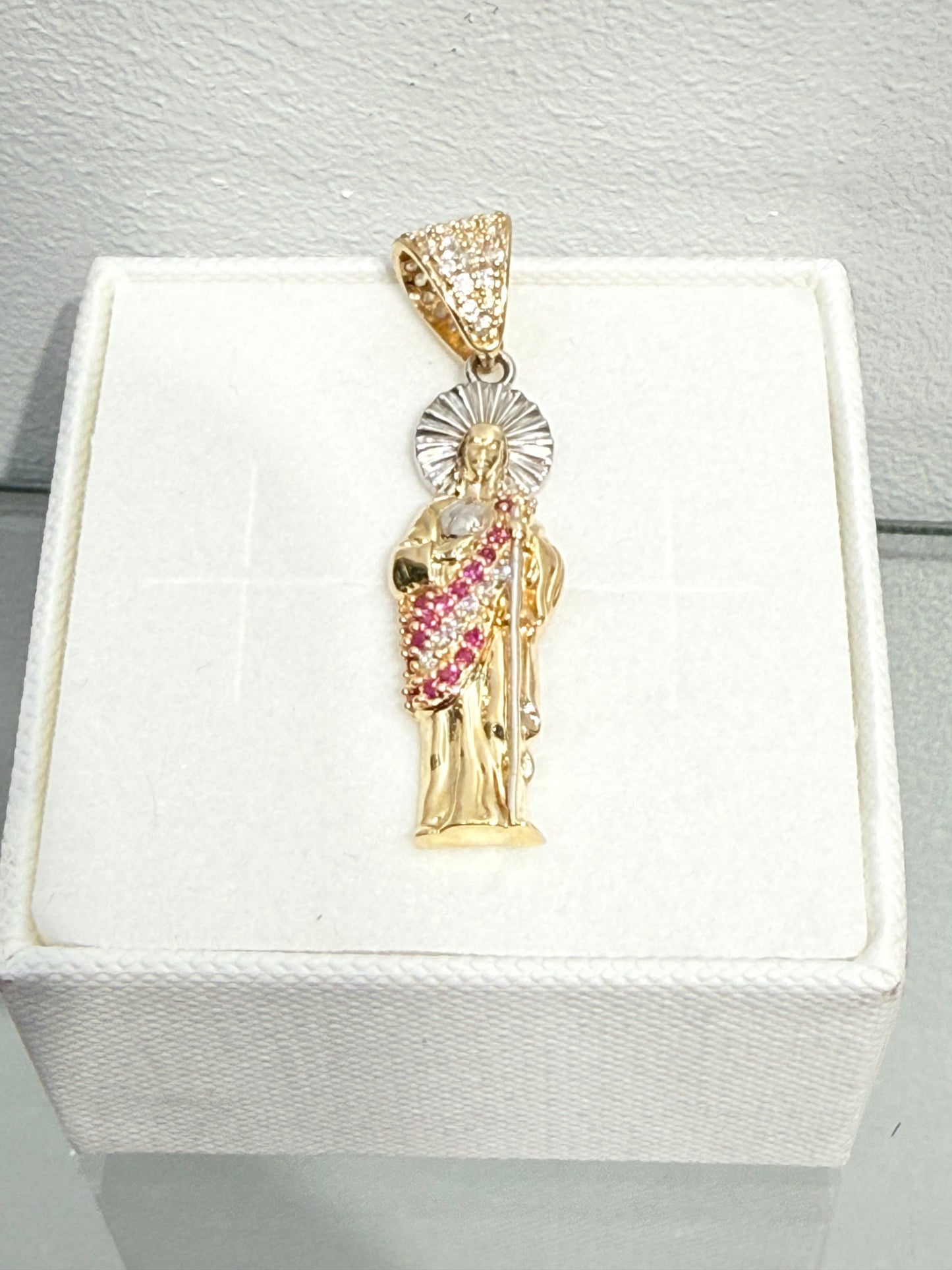 1148- NEW 14K St. Jude Red & Clear Cz Pendant W.G