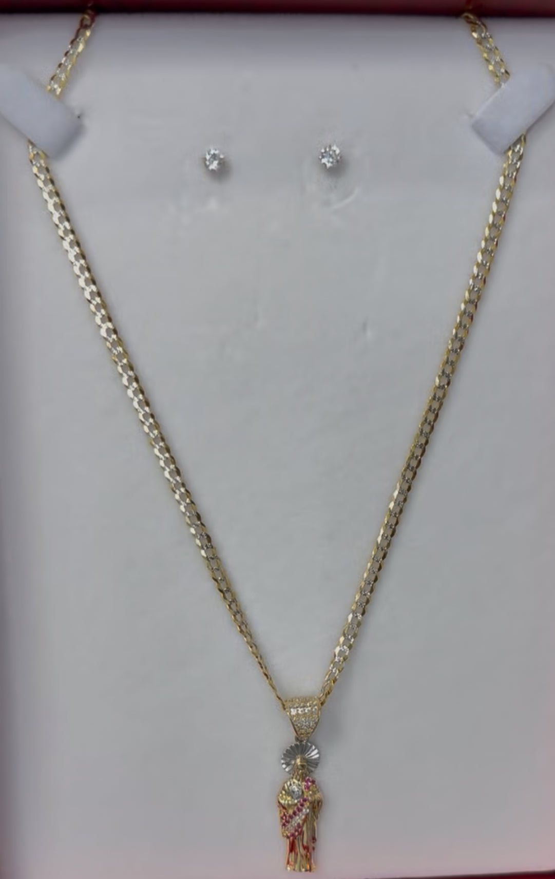 C36- NEW 14K Stud Earrings, St.Jude Pendant & Cuban Chain Set
