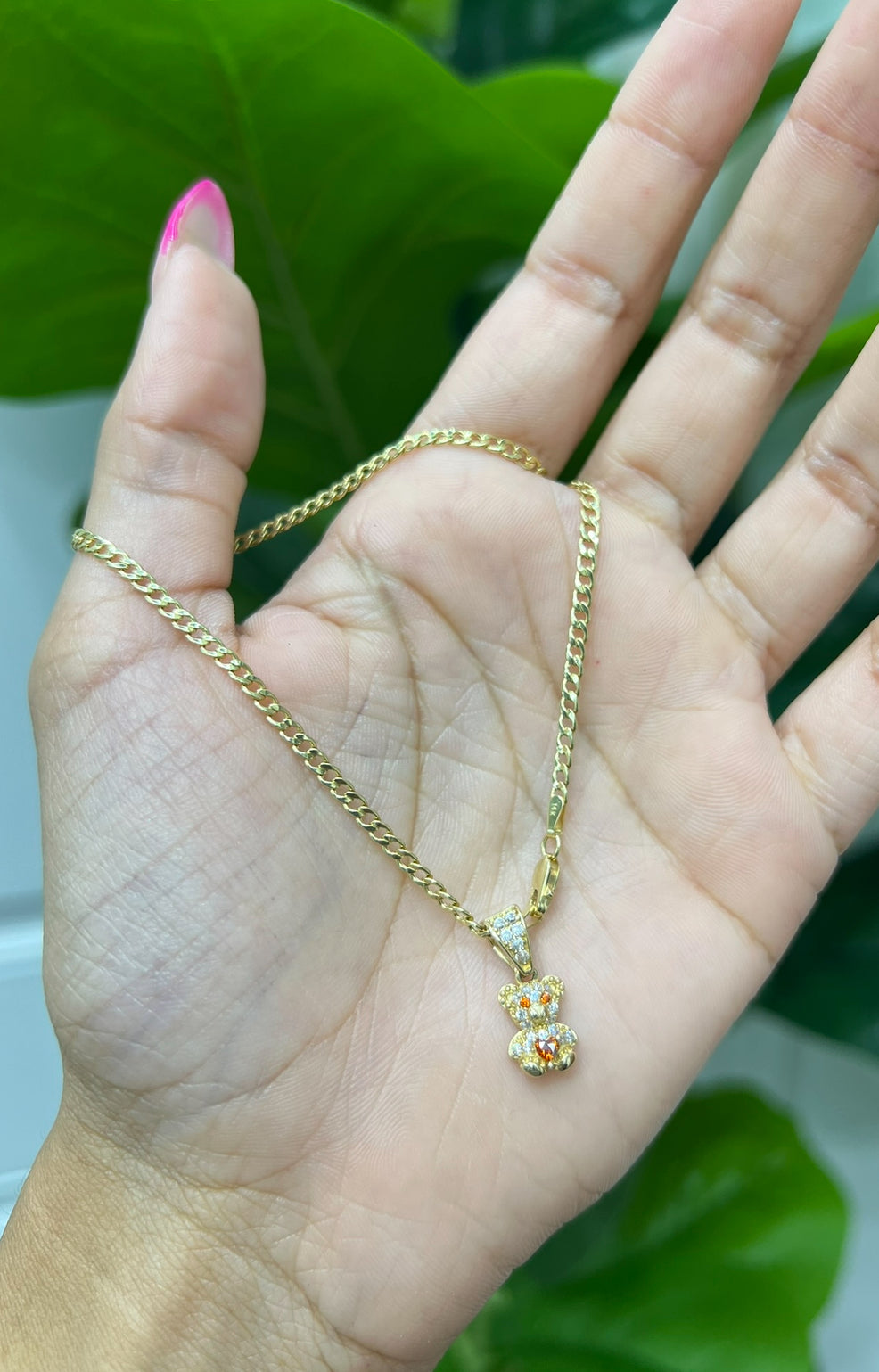 C41- NEW 14K Semi Solid Cuban Chain 16” (2.5mm) & Tiny Teddy Bear Pendant Set W.G